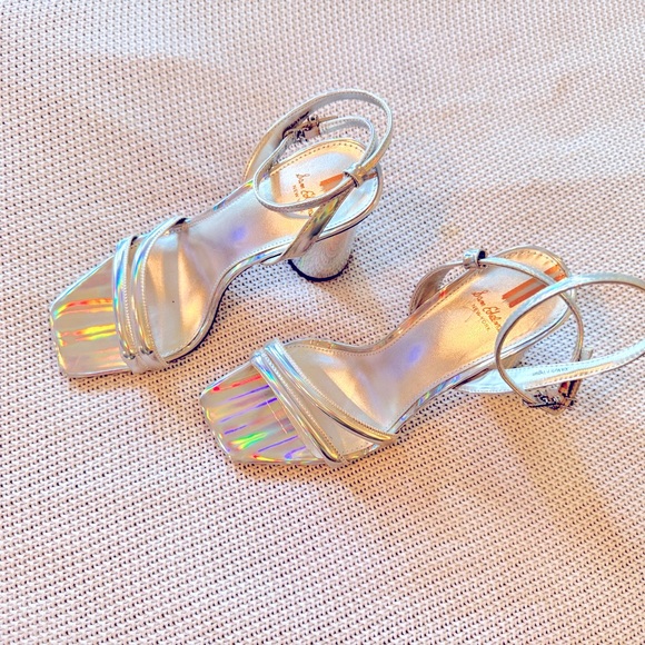 SAM EDELMAN Kia Leather Silver Block Heel Sandals Strappy Chunky Heels - Picture 6 of 11